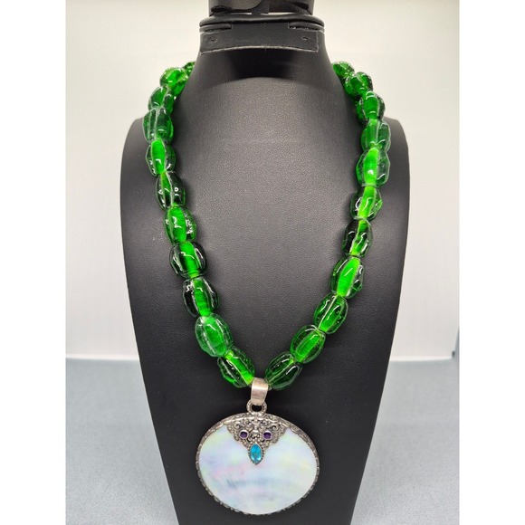 JTV Jewelry - JTV‎ Necklace Woman Green Glass Mother of Pearl Sterling Silver Quartz Statement
